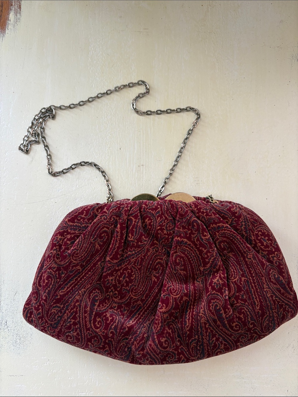 Harry Levine Vintage Burgundy Paisley Velvet elegant Evening Clutch gold Chain